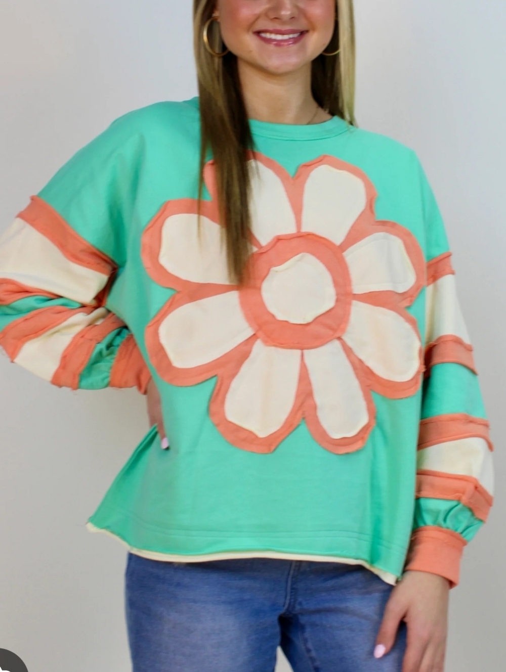 BiBi Mint Green Flower Appliqué XL Long Sleeve Blouse